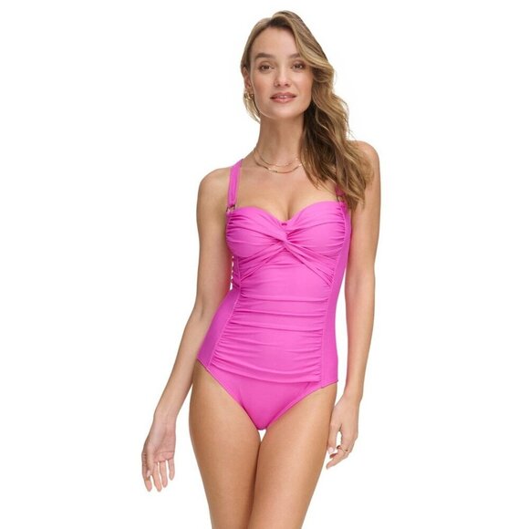 DKNY Women's Size Large Pink Sweetheart Twist Front One Piece Swimsuit New - Picture 1 of 10